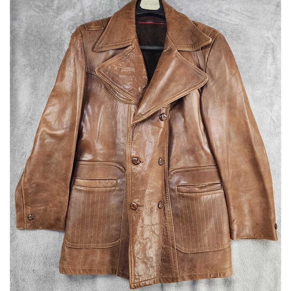 Vintage Leather Jacket Mens 42 Long Glazed Nappa Double Breasted Car‎ Coat 70s